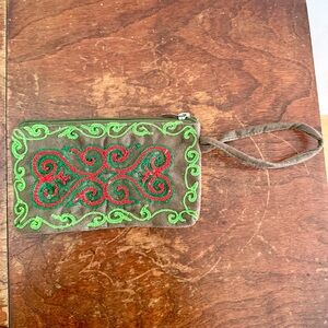Embroidered Brown Wristlet Clutch